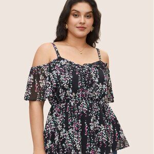 Chiffon Ditsy Floral Cold Shoulder Blouse